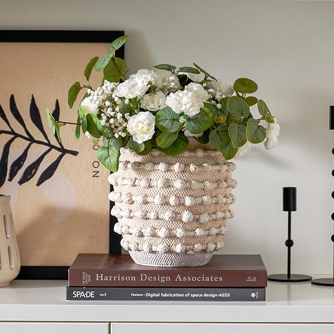 DN DECONATION Beige Rustic Farmhouse Vase, 8.2 Inch Textured Boho Vase for Home Decor, Cement Decorative Flower Vases with Rope Knots for Living Room, Table Centerpiece, Shelf, Mantel Decoration