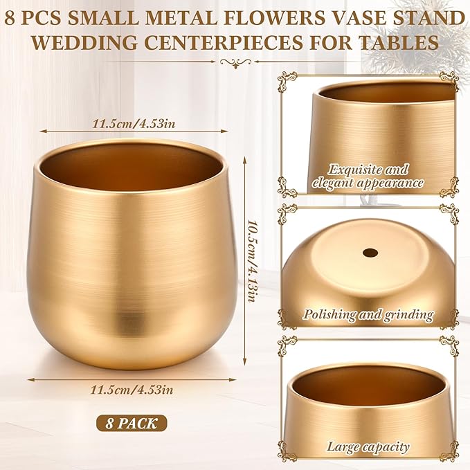 8 Pcs Small Gold Vases for Centerpieces Tall Metal Flower Trumpet Vase Vintage Compote Planter Plant Pots for Wedding Party Table Centerpiece Decorations (4.1 Inch,Pot)