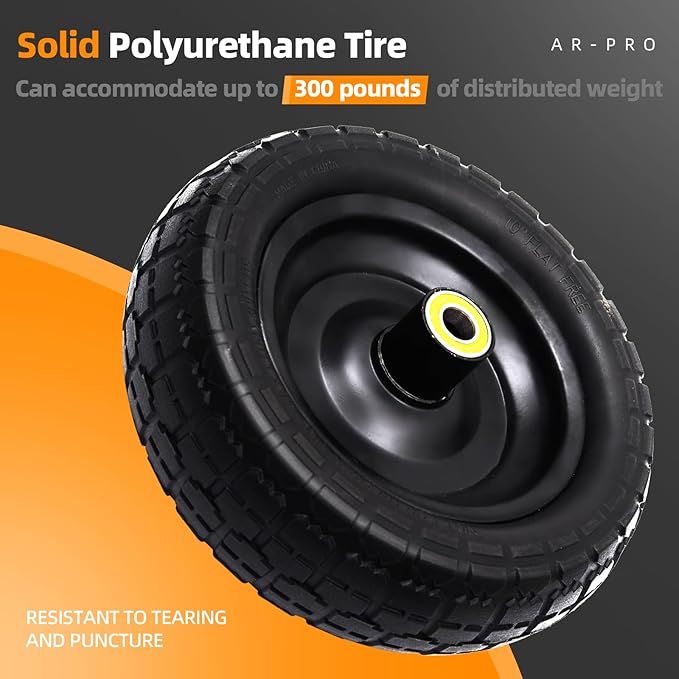 AR-PRO (2-Pack) 10" Flat Free Solid Tire and Wheel - with 5/8" Axle Bore Hole, 2.1" Offset Hub for 10 Inch Wheelbarrow Wheels - Compatible with Garden Cart,Trolleys,Hand Trucks and Yard Trailers