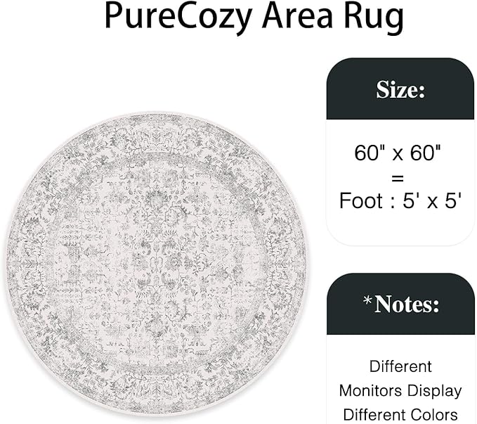 PureCozy Grey Round Area Rug 5ft Entryway Door Mat Small Circle 5x5 Kitchen Vintage Carpet Non Slip Indoor Bedroom Washable Distressed Floral Retro Accent Throw Rug Office Bathroom