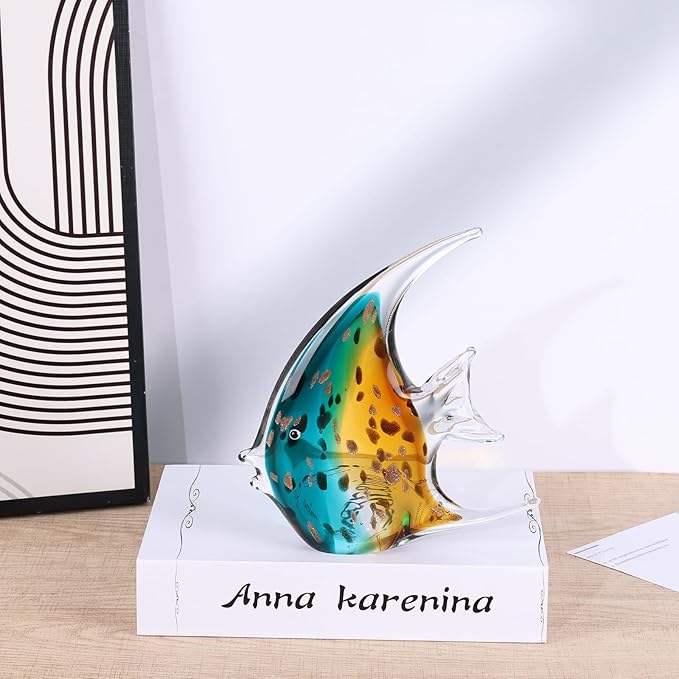 DOVDOV Hand-Blown Glass Fish Decorative Sculpture, Green Ocean Glass Art Piece, Coastal-Themed Decor Suitable for bedrooms, Offices, Coffee Tables, and TV Stands, Marine Animal Sculpture Art.