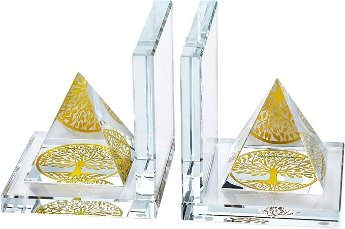 1 Pair Modern Crystal Bookends for Shelves,Tree of Life Crystal Pyramid Design,Non-Skid Book Holder,Heavy Duty Decorative Book Stopper,3.5 * 3.5 * 4''
