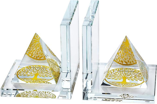 1 Pair Modern Crystal Bookends for Shelves,Tree of Life Crystal Pyramid Design,Non-Skid Book Holder,Heavy Duty Decorative Book Stopper,3.5 * 3.5 * 4''