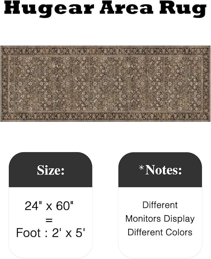 HUGEAR 2x5 Runner Rug Machine Washable Brown Hallway Area Rugs Indoor Accent Rugs Floral Low Pile Carpet Distressed Throw Rug Bedroom Living Room Office Dining Kitchen Laundry Non Slip