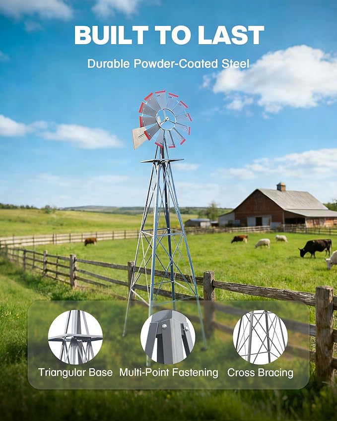 8FT Windmill for Yard Garden Decoration with Weather Vanes，Heavy Duty Outdoor Wind Mills, Large Metal Outdoor Windmill,Weather Resistant,Gray