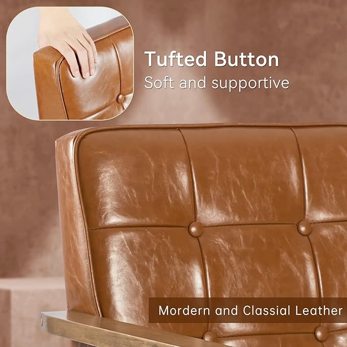 Okeysen Mid Century Modern Accent Chair, Retro Wood Leather Armchairs Side Chair, Lounge Reading Comfy Arm Chair for Living Room, Bedroom, Office (Brown)