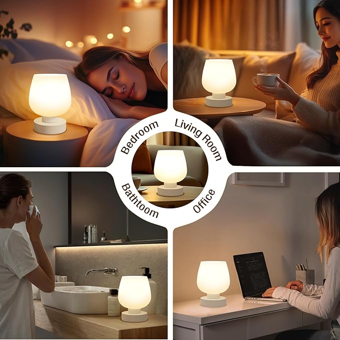 Seealle Touch Table Lamp for Nightstand - Small Bedside Lamp for Bedroom Living Room Night Stands, Desk Lamp with White Glass Shade for Small Spaces, 3 Way Dimmable, LED Bulbs, Gifts