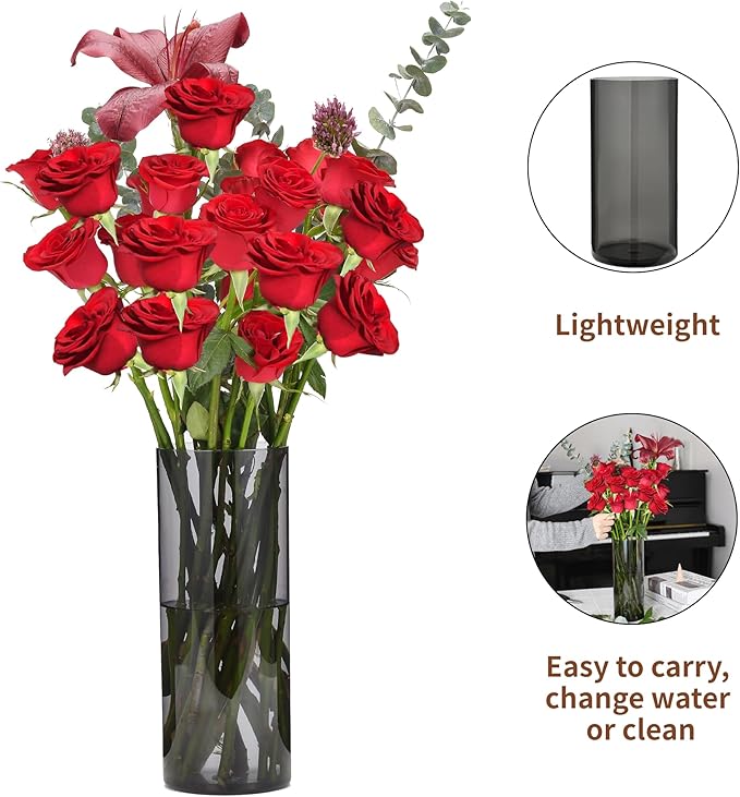 Flower Vase, Non-breakable Vases, 5" W x 16" H, Acrylic Grey Vase, Aesthetic Room Decor Cylindrical Modern Flower Vases for Table Centerpiece, Home Decor, Women Floral Arrangement Gift
