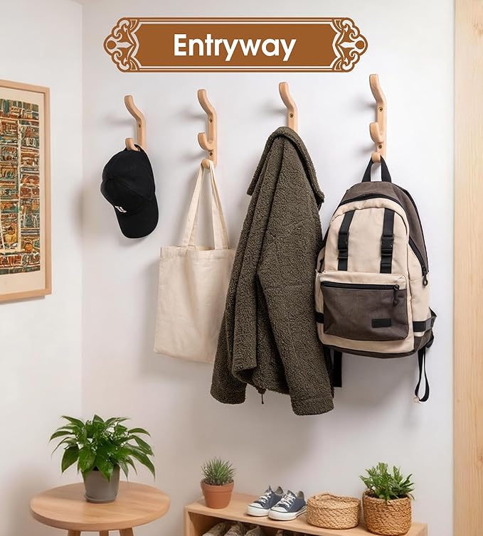 Wooden Wall Hooks for Coat and Towel – 2 Pack Beech Wood Pegs for Heavy Bags, Towels, Hats & Clothes, WCH3B, Wall Mounted Modern Home Decor, Patent Pending, Large