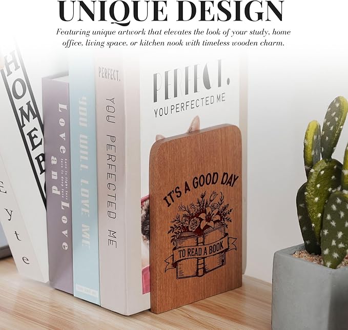 Book Lovers Gifts, Novelty Bookends Unique, Gifts for Book Lovers, Heavy Duty Wooden Book Ends for Shelves Decorative(1 Pair, 4.72x6.69 Inches) - Good Day