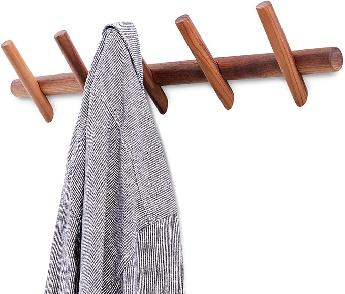Wood Coat Hooks Wall Mounted Hat Rack Tower Hanger Wall Hooks Decorative Hanger with Pegs Entryway Bedroom Bathroom（Black Walnut，5 Hooks）