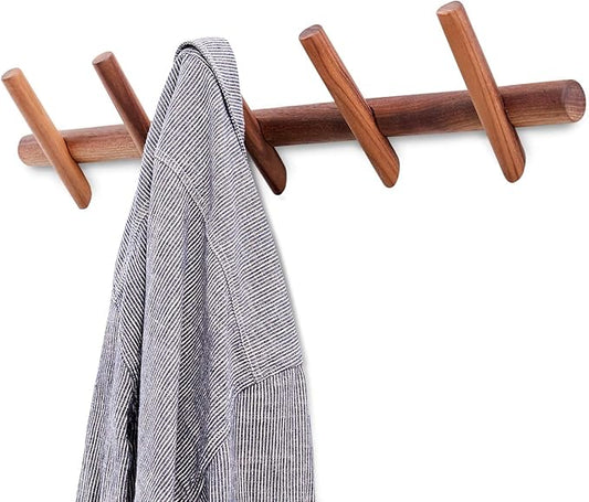 Wood Coat Hooks Wall Mounted Hat Rack Tower Hanger Wall Hooks Decorative Hanger with Pegs Entryway Bedroom Bathroom（Black Walnut，5 Hooks）