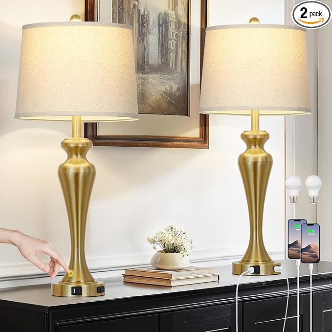 30" Table Lamps Set of 2, 3-Way Dimmable Touch Bedside Lamp with USB A+C Ports and AC Outlet, Tall Living Room Lamps for Side Table, Modern Bedroom Lamp for Nightstand, Gold