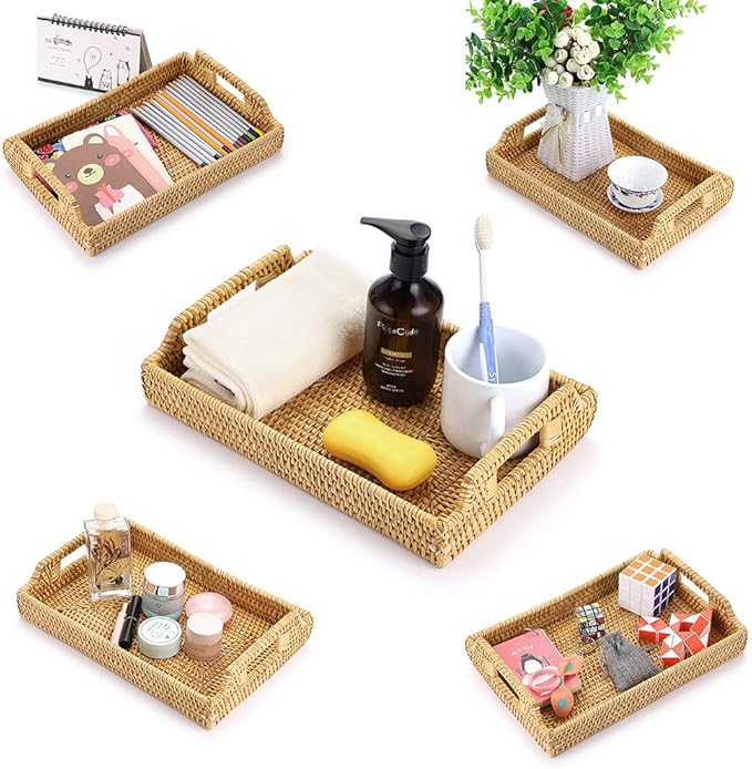Hipiwe Rattan Serving Tray with Handles - Hand-Woven Decorative Tray for Storage Breakfast, Drinks, Snack,Rectangular Basket Organizer Tray for Coffee Table, Home Decor (Small)
