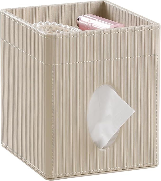 Square Tissue Box Cover with Tray, PU Leather Tissue Box Holder Decorative Cube Tissue Holder for Bathroom Bedroom Office (Beige)