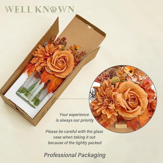 WELL KNOWN Artificial Flowers in Glass Vase, Burnt Orange Silk Rose Dahlia Flower Pine Berry Bouquet with Fake Water for Winter Home Dinning Coffee Table Wedding Chritmas Party Kitchen Decor & Gift