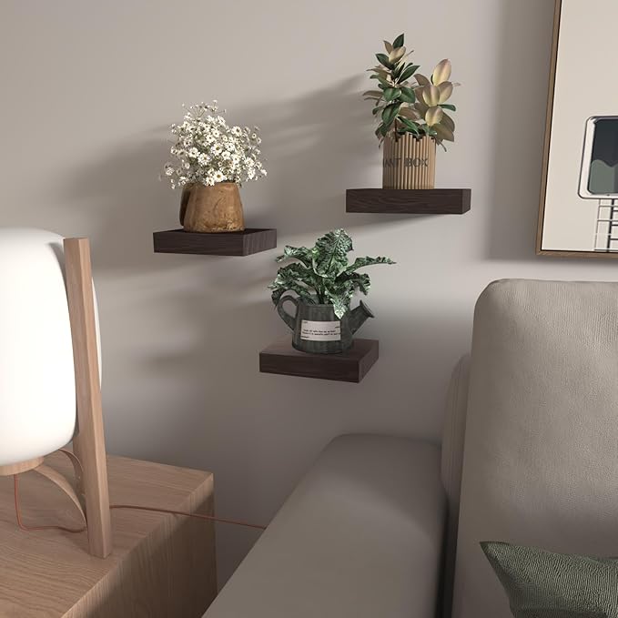 Small Floating Shelves for Wall - 6 Inch Mini Square Rustic Brown Shelves for Bedroom, Living Room, Bathroom, Kitchen, Office Decor Set of 3