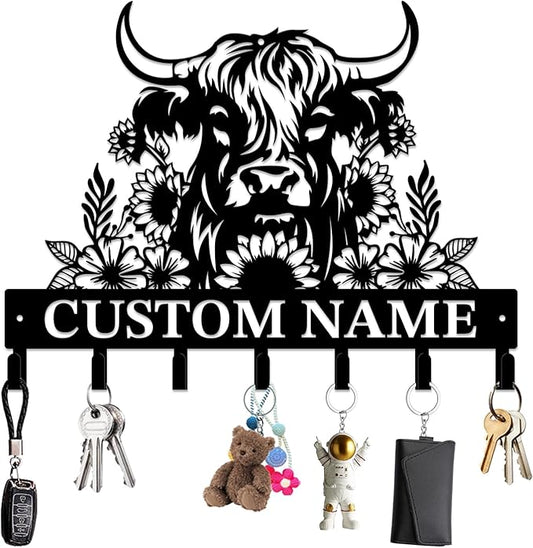 magilab Personalized Custom Highland Cow Wall Hooks,Metal Highland Cow Art Clothes Hooks,Metal Highland Cow Wall Home Storage Decorative,for Front Door, Hallway, Kitchen, Bedroom,Keys,Hats (Style L)
