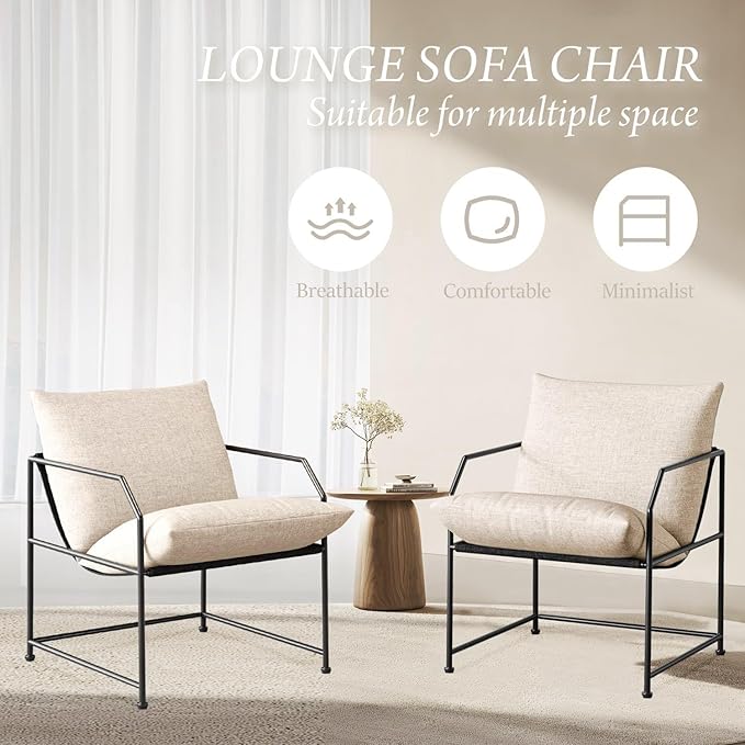 Accent Chair Living Room Chairs Accent Chairs Set of 2 Comfy Reading Chair for Bedroom Upholstered Lounge Chair Mid Century Modern Arm Chair Side Sofa Chair Armchair Waiting Room Chairs(Cream, 2)
