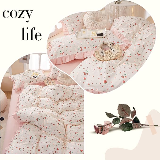 Kawaii Strawberry Duvet Cover Twin XL Girls Princess Pink Lace Duvet Cover 100% Cotton Cute Ruffle Bedding Set Twin XL Romantic Strawberry Print Ruffled Comforter Cover with Zipper Closure