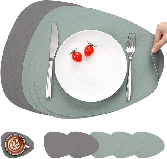 Myir JUN Placemats, Dual-Sided Placemats Waterproof Faux Leather Placemats Set of 6 Place Mats and Coasters Non-Slip Washable Table Mats for Dining Table (Gray Sage Green, Set of 6)