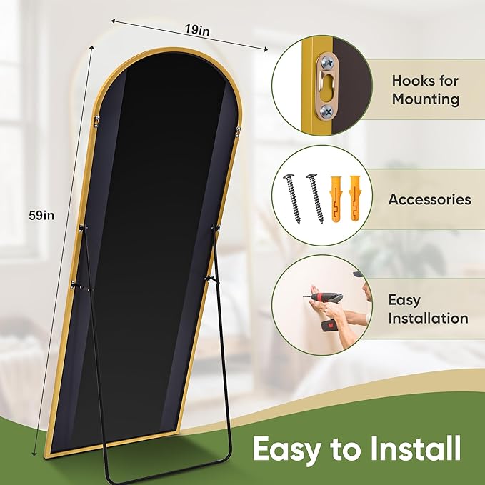 Full Length Mirror, 59"x19" Arched Full Body Mirror, Floor Mirrors with Stand, Body Mirrors Standing Hanging Leaning Against Wall,Aluminum Frame Mirrors for Bedroom Cloakroom,Living Room,Gold