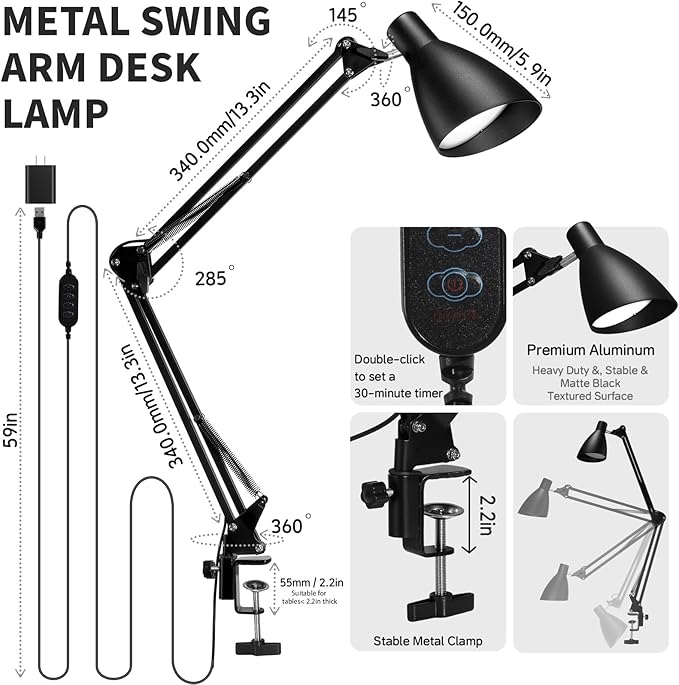 LED Desk Lamp for Home Office - Retro Clamp on Desk Lamp, Metal Swing Arm Architect Lamps with 5 Color Modes & 10 Brightness, Adjustable Gooseneck Clip-on Lamps for Reading Home Craft Puzzle, Black