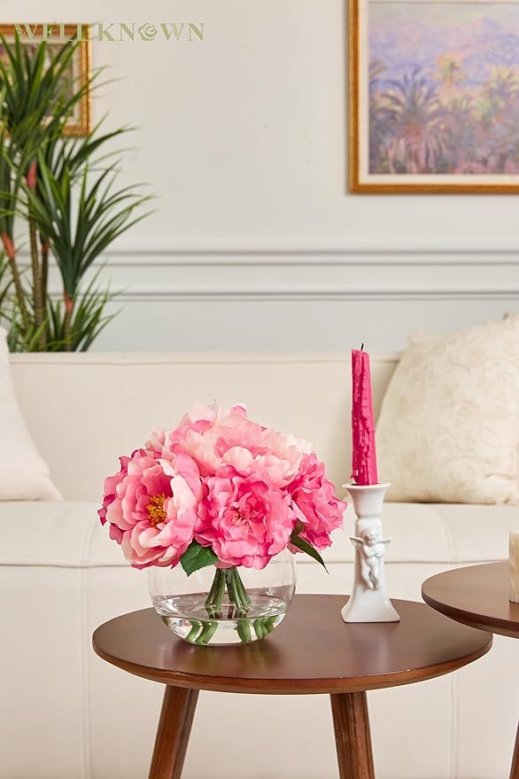 Artificial Flowers in Vase, Silk Peonies Bouquet for Vase with Faux Water, Fake Peony Pink Flower Arrangement for Home Wedding Birthday Party Dining Table Centerpiece Spring Festival Decor Mom's Gift