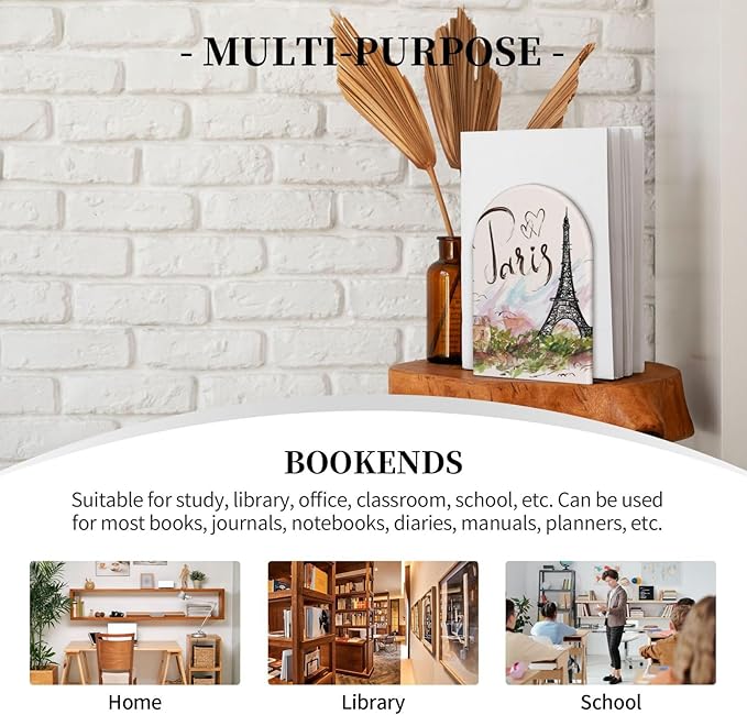 Paris Eiffel Tower Wood Bookends Stands Decorative Non-Slip Book Organizers for Home Office Desk Library School Study 1 Pair