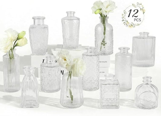 RUCKAE Small Clear Bud Vases Bulk 12 Pack Mini Flower Glass Vases for Centerpiece Table Wedding Decorations Home Decor Party(Transparent)