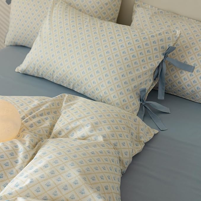 Blue Flower Duvet Cover Queen Chic Plaid Grid Print 100% Cotton Floral Bedding Set Cottagecore Flower Comforter Cover Vintage Country Bedding Aesthetic Floral Duvet Cover with 2 Bow Ties Pillowcases