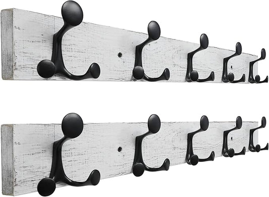 SKOLOO 30-Inch Wood Coat Rack Wall Mount with 5 Triple Hooks - Ideal for Family Entrances, Classrooms, and Pet Supplies Storage - Perfect Coat Hooks for Wall,Distressed White Wash, Pack of 2