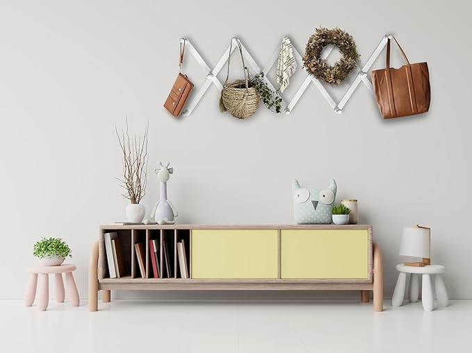 Expandable Wooden Coat Rack Hanger - Large Accordion Hanger with Expanding Pegs | Hand Made Modern Wooden Hat Rack for Wall | Hang Coat, Jacket, Hat | Wall Rack – 14 Hook, Chalk White