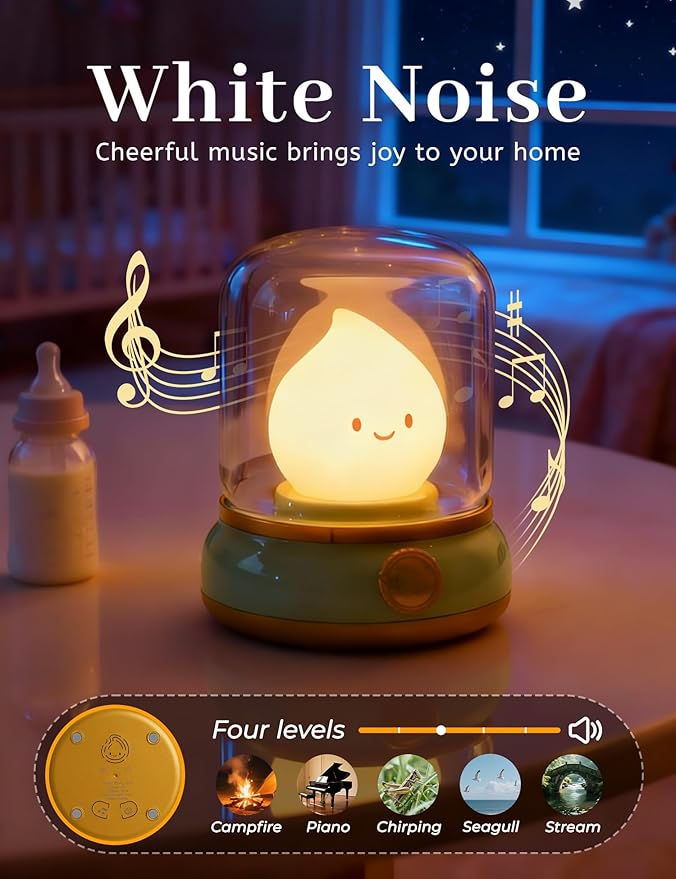 Chibi Flame Lamp, Sleep White Noise Machine Night Light, 5 White Noise with 4 Level Volume Adjustment, Rechargeable Lamp,Decor,Gift for Girls