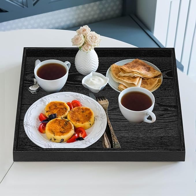 16 x 16 Inches Large Square Black Solid Wood Ottoman Tray, Serve Tea, Coffee or Breakfast in Bed, Classic Wooden Decorative Serving Tray with Raised Edges, Kitchen Party Bar Server Table Tray