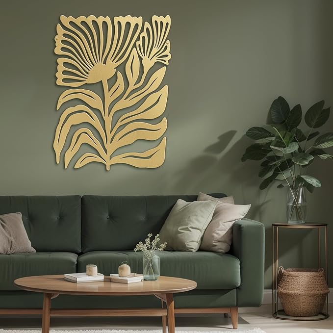 SIGNLEADER Metal Wall Art Decor Botanical Flower Minimalist Modern Abstract Wall Sculpture Hangings Home Decoration for Living Room, Bedroom, Bathroom, Kitchen, Outdoor - 18" Gold