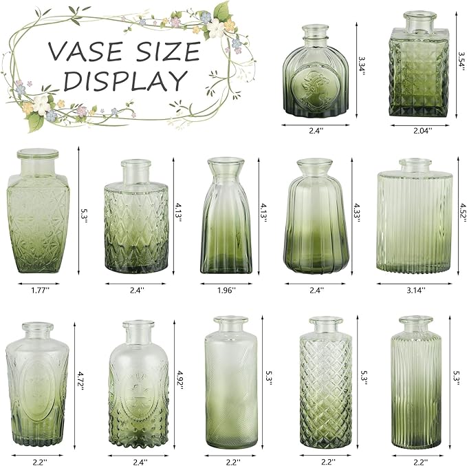 RUCKAE 12 Pack Glass Bud Vases Mini Flower Vase Small Vintage Vases for Centerpiece Table Wedding Decorations Home Decor Party (Gradient Green)