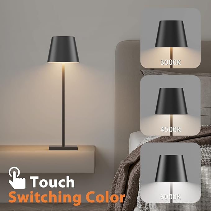 2 Pack Cordless LED Table Lamp Black, 5500mAh Battery Powered Table Light, 3 Color Temperatures Stepless Dimmable Rechargeable Table Lamps for Outdoor Restaurant Bedroom