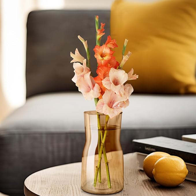8 Inch Handmade Iridescent Glass Vase - Modern Boho Centerpiece for Flowers, Wedding, Home & Office Decor, Lightweight Clear Glass Table Vase, Unique Housewarming or Birthday Gift (Amber)