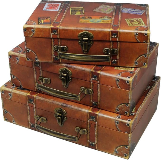 Blue Orchards Decorative Travel-Themed Paperboard Boxes (Set of 3) – Small Suitcase-Style Storage for Keepsakes, Mementos, Miniature Prop-Style Luggage | Largest Suitcase is 12'' L x 8'' W x 3.5'' H
