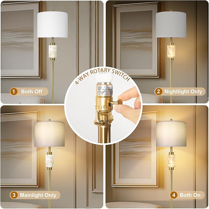 KIVDITZO Floor Lamps for Living Room with Night Light, Alabaster Standing Lamp with Linen Shade, Rotary Switch, Marble Tall Lamp, Gold Floor Lamps for Bedroom Living Room Office (Bulb Included)
