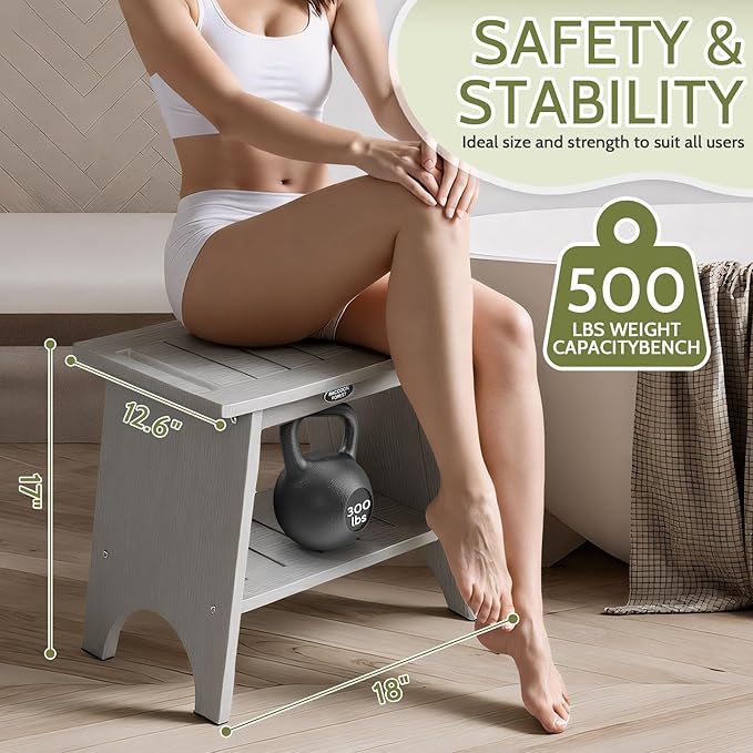 Shower Benches for Inside Shower, Shower Stool for Shaving Legs, 500lbs Shower Chair with Space-Efficient Storage Shelf, Waterproof Shower Seat for Spa Bathroom, Indoor or Outdoor Use(Grey)