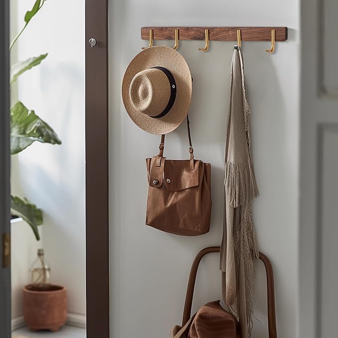 Wall Mounted Coat Rack, Entryway Hanging Rack with Rustic Hooks for Coat, Scarf, Bag, Towel, Key, Cap, Hat - Walnut Gold Matt (5 Hooks - J Shape)