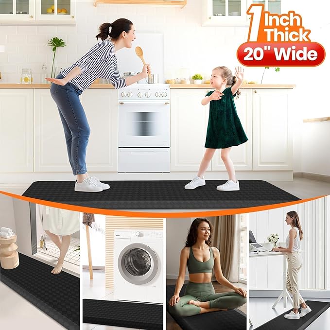 StepRite 1” Thick Kitchen Mats for Floor, Anti Fatigue Kitchen Rugs, Non-Slip,Heavy Duty Waterproof Kitchen Rug, Standing Desk Mat, Gifts for Friends, Family, Home, Kitchen, Office (72" x 20", Black)