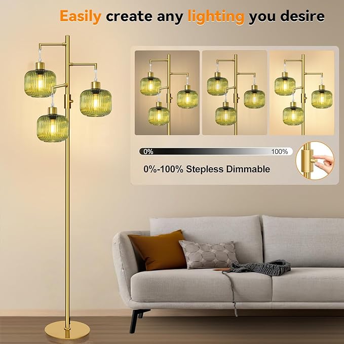 LVYE Modern Floor Lamp with Green Glass Shade, Dimmable Gold Standing Lamp, Mid Century 3 Lights Tall Lamp, Vintage Retro Floor Lamps for Living Room,Bedroom, 3×6W Bulbs Included