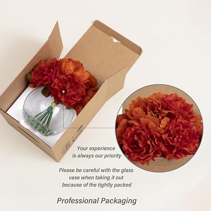 Artificial Flowers in Vase, Silk Peonies Flowers for Vase with Faux Water, Burnt Orange Fake Flower Arrangement for Winter Spring Dinning Wedding Birthday Party Table Centerpieces Decor & Mom's Gift