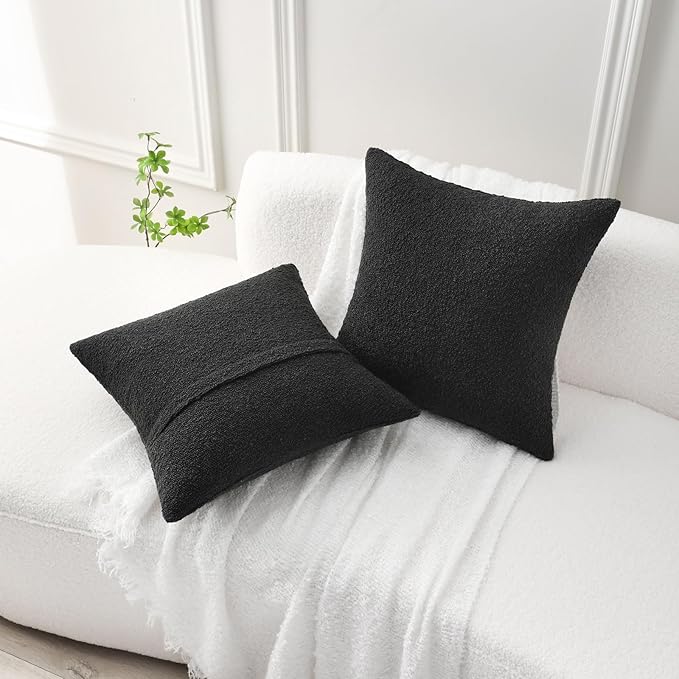 FUTEI Pack of 2 Black Decorative Throw Pillow Covers 16x16 Inch Soft Cozy Solid Boucle Textured Cushion Case,Modern Home Decor for Couch Bed Living Room