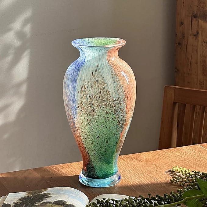 Hand Blown Glass Vase, 11.4" Tall, Murano-Style Art, Multicolor, Abstract, Oblong Shape, Perfect for Living Room, Bathroom, Wedding, Graduation, Mother's Day, Women