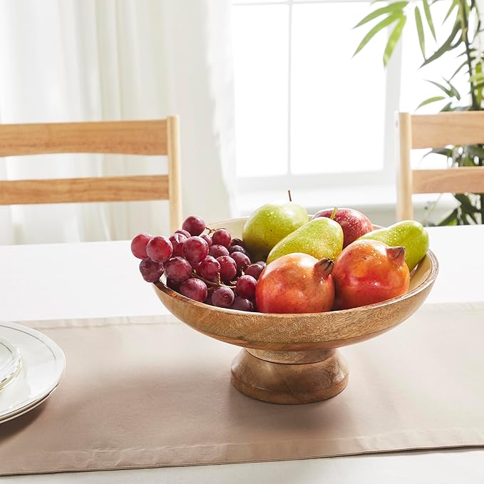 VHC Brands Natural with White Wooden Fruit Bowl 5.5x12x12, Kitchen Decor, Decorative Wooden Pedestal Bowl, Perfect Centerpiece for Table, Island, or Counter