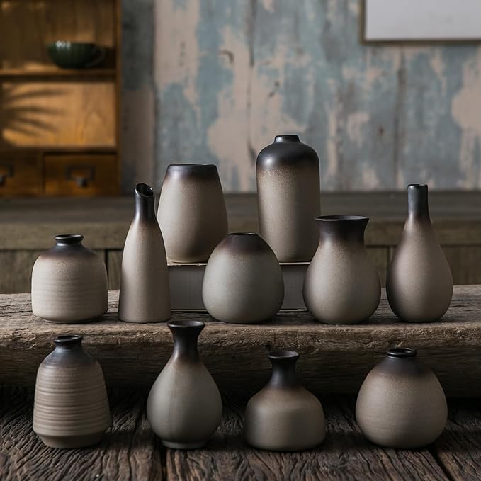 JOJUNO Rustic Bud Vase, Ceramic Small Vase Set of 11, Mini Vases for Fresh and Dried Flowers, Modern Farmhouse Home Decor, Pottery Vases for Living Room, Shelves, Centerpieces for Dining Table